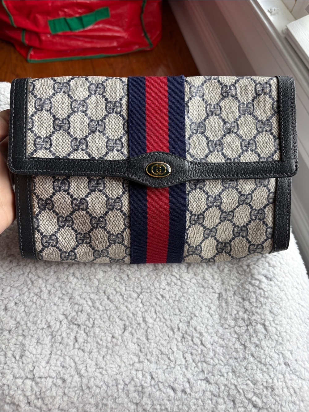 RARE Vintage Gucci Navy GG Supreme Sherry Line Clutch Bag - 1980s
